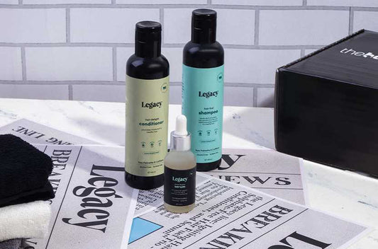 Men's Legacy Subscription Box, hair and beard care, caffeine-infused shampoo, saw palmetto, reduce hair loss, healthy hair, thicker hair, stylish hair